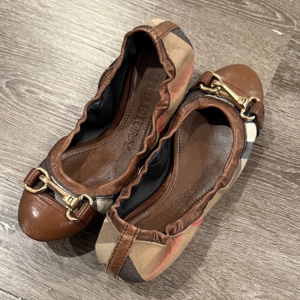 Burberry Tan and Brown Plaid Flats with Gold Accent